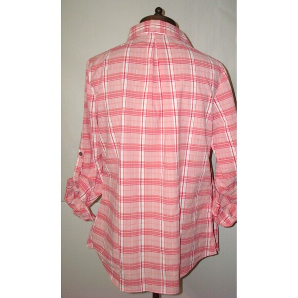New Womens NWT Prana M Bronwyn Pink Top Plaid Organic Casual Button Down UPF 30 - Picture 2 of 5
